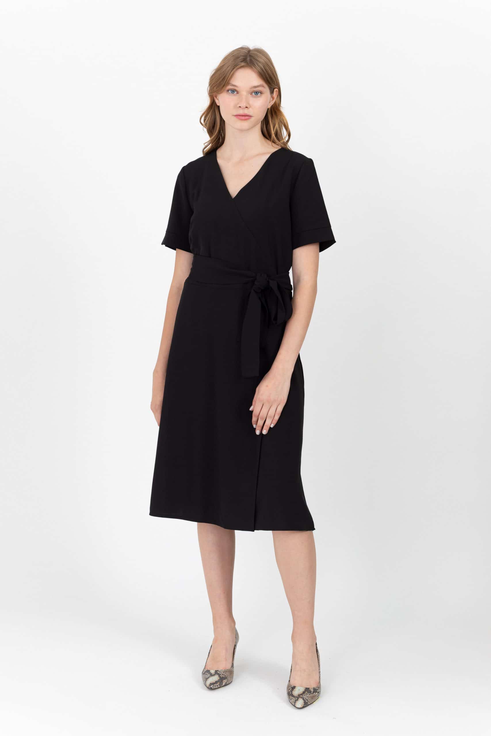 Modest black dress, midi dress, faux wrap,v neckline