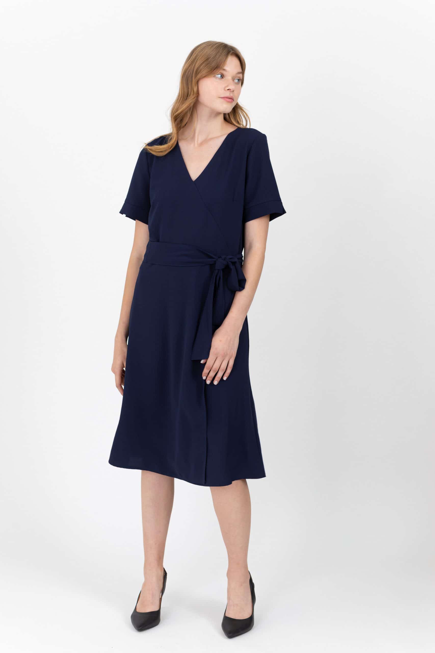 Modest summer dress with faux wrap .V neck, short sleeve.