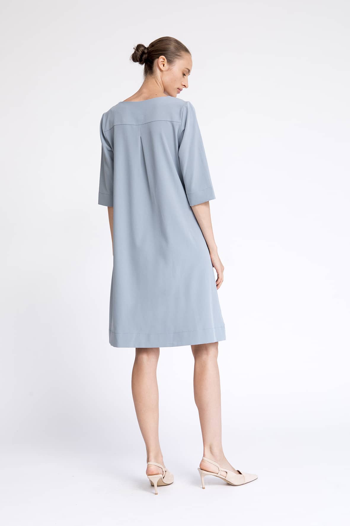 ,elbow sleeve dress ,modest light blue dress, knee length dress