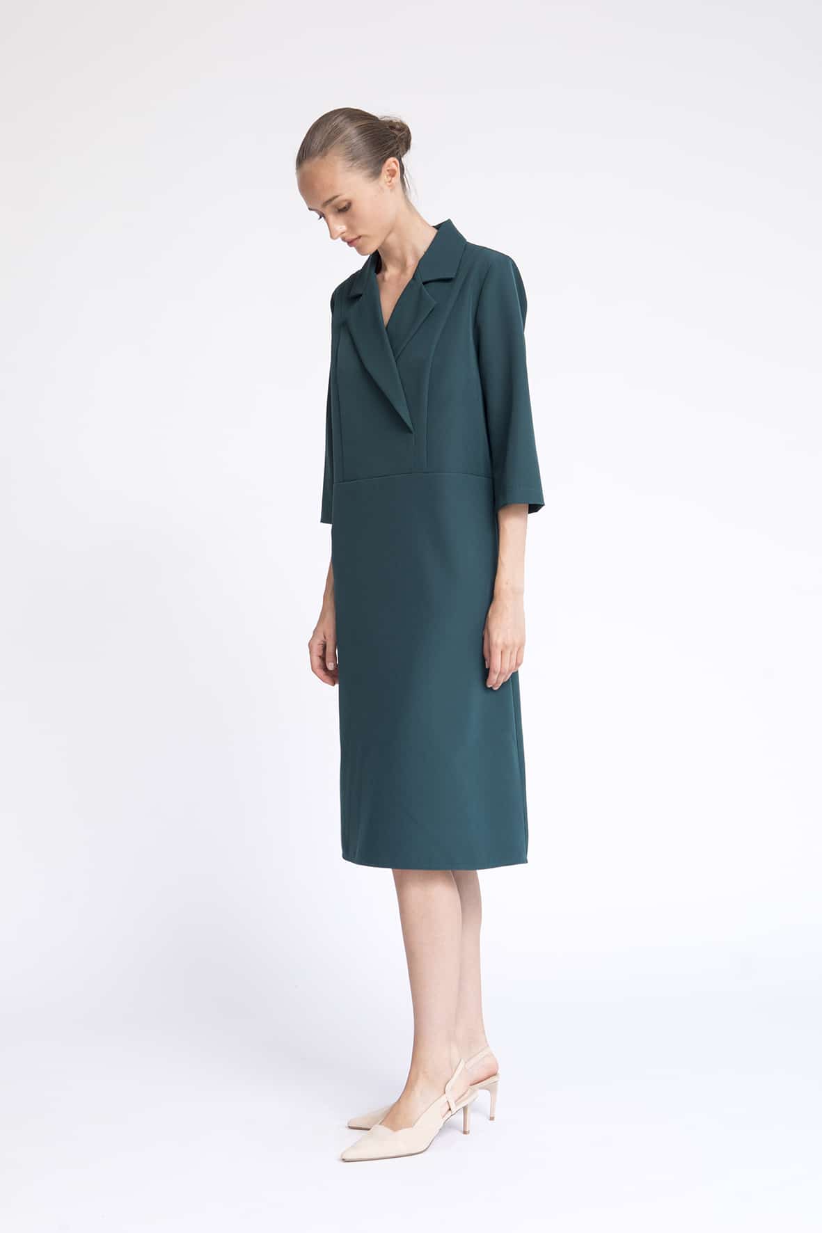 Modest green dress , 3/4 sleeve , midi dress with faux wrap