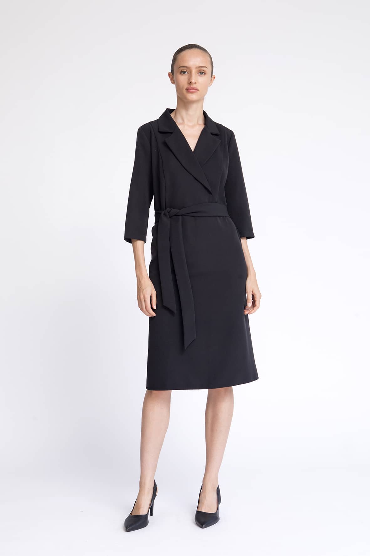 Modest dress dress , 3/4 sleeve , midi dress with faux wrap