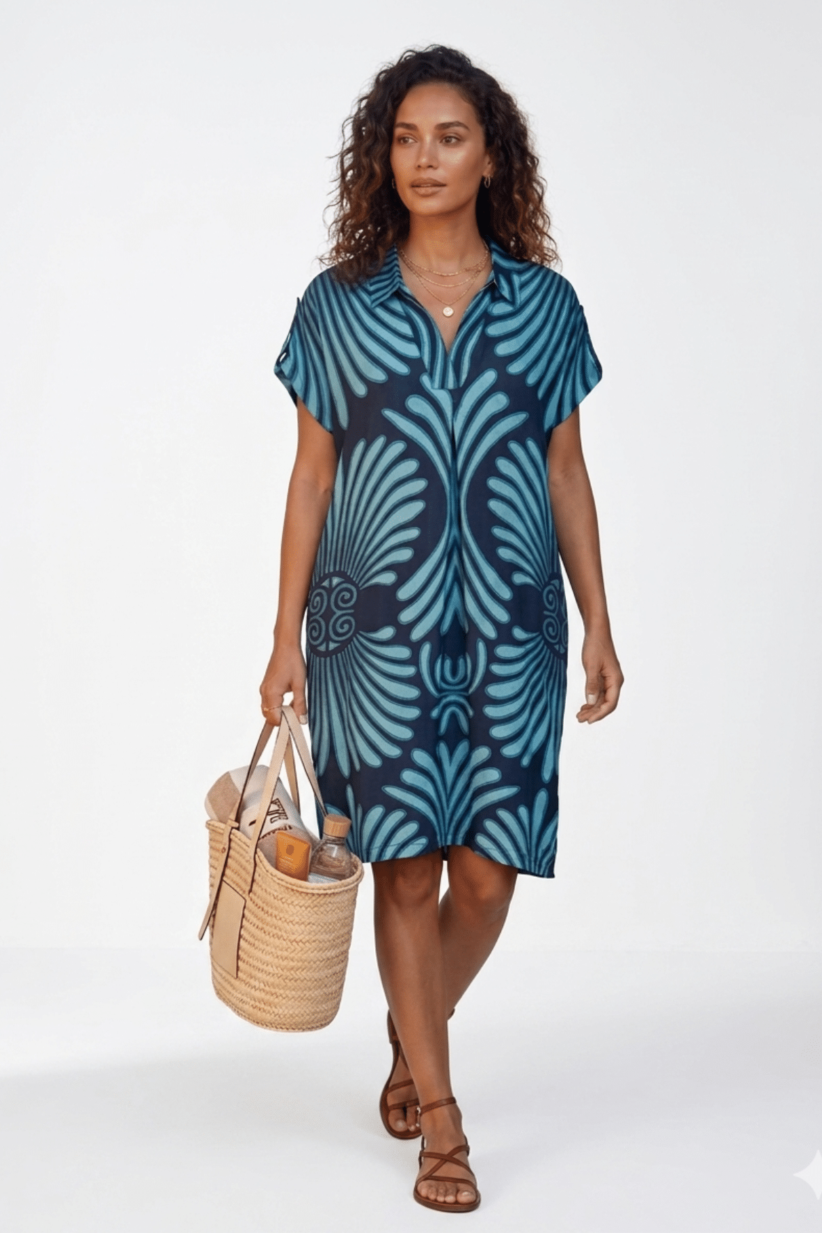 שמלת חוף אוברסייז כחולה טרופית