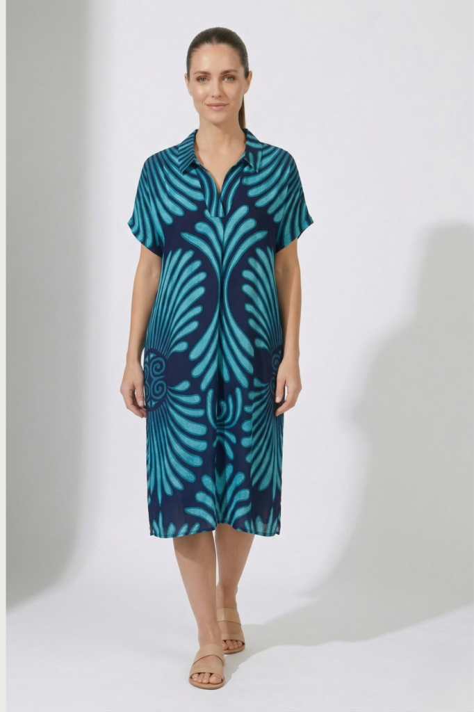 שמלת חוף אוברסייז עם כיסים ושרוול קצר הדפס אתני מידות גדולות