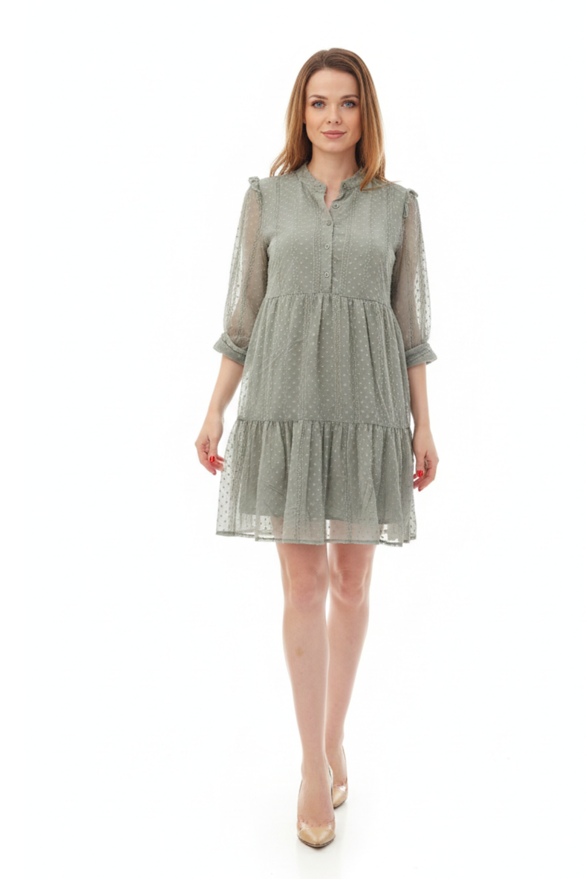 Lightweight green chiffon mini dress with a soft lining and a flattering  fit. Perfect for everyday wear and effortless elegance.