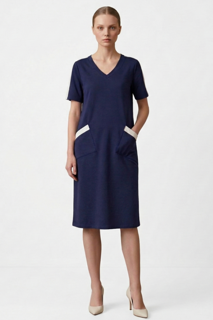 שמלה בצבע כחול עם פס לבן