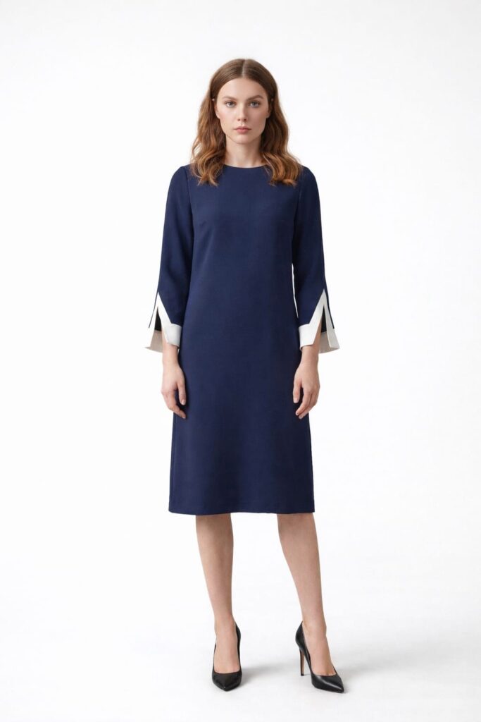 שמלת מידי כחול נייבי עם שרוול לבן