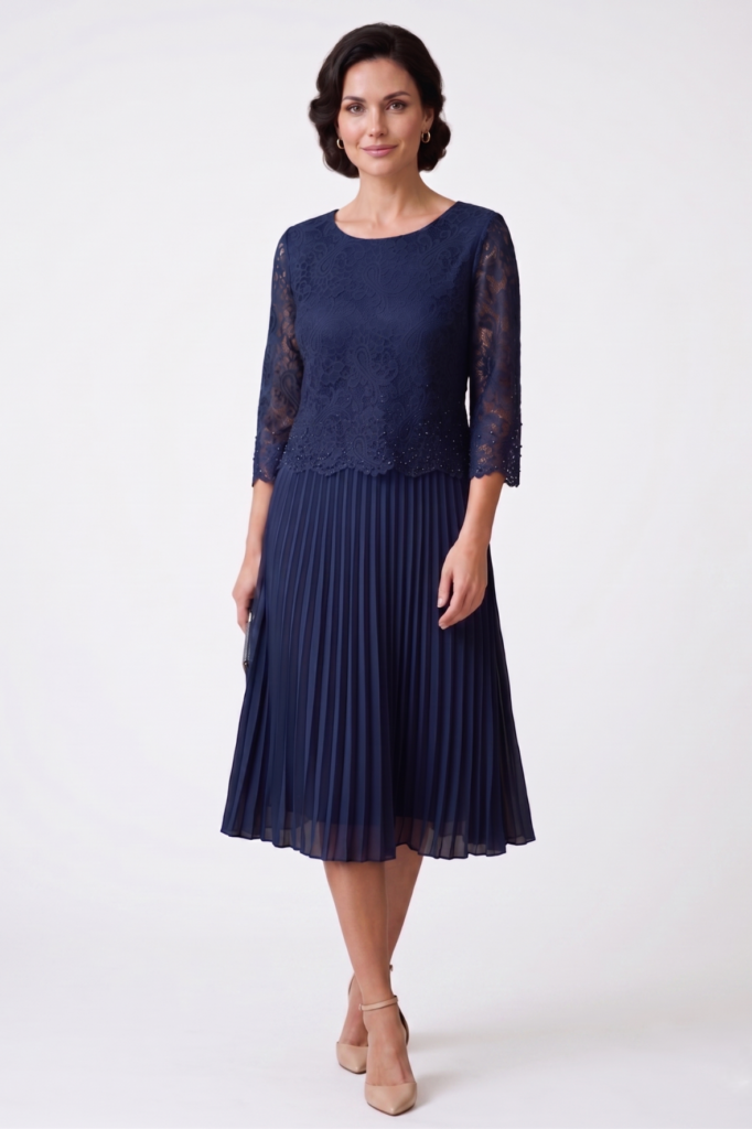 שמלת מידי כחולה אלגנטית תחרה פליסה